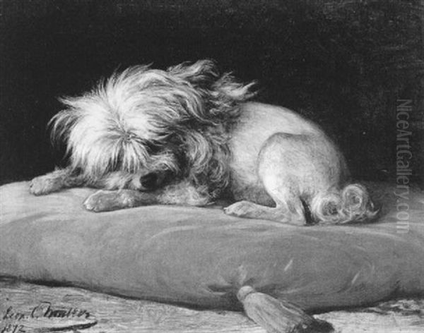 Hundchen Am Samtpolster Oil Painting by Carl Leopold Mueller