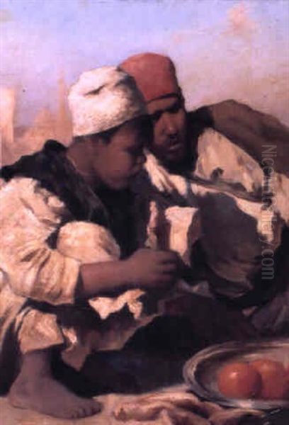 Arabs Seated In A Market, Cairo Oil Painting by Carl Leopold Mueller