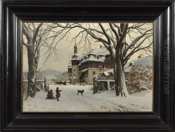 Ansicht Von Schloss Sophienreuth (schonwald/bayern) Im Winter Oil Painting by Carl Wilhelm Mueller