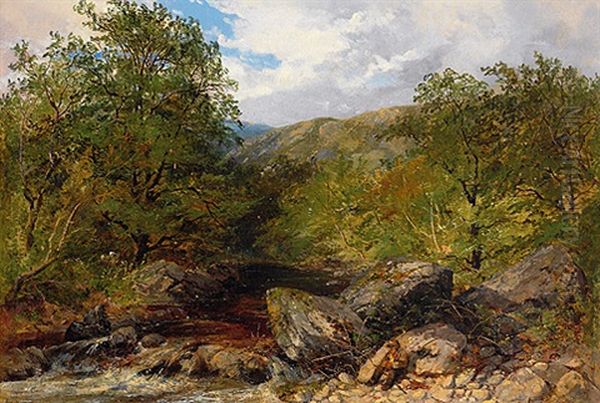 Angler Am Bach In Sommerlicher Landschaft Oil Painting by Carl Wilhelm Mueller