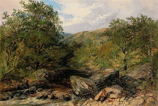 Angler Am Bach In Sommerlicher Landschaft Oil Painting by Carl Wilhelm Mueller