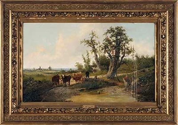 Kuhe An Der Tranke Oil Painting by Carl Wilhelm Mueller