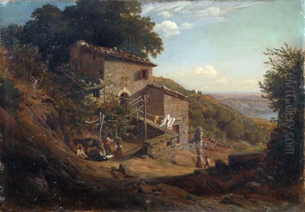 Italienische Landschaft Mit Bauernhaus Oil Painting by Carl Wilhelm Mueller