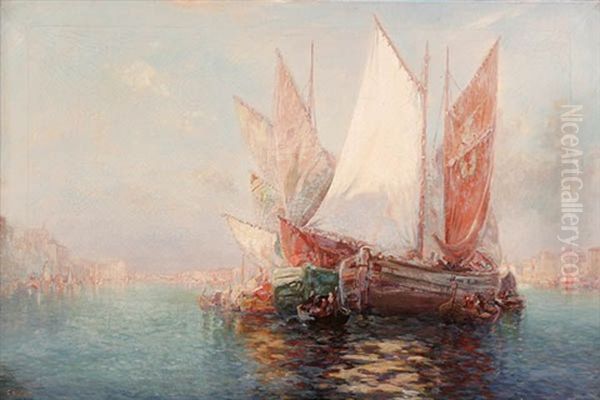 Venetian Boats Oil Painting by Carl Wilhelm Mueller