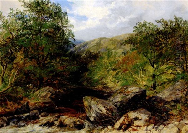 Angler Am Bach In Sommerlicher Landschaft Oil Painting by Carl Wilhelm Mueller