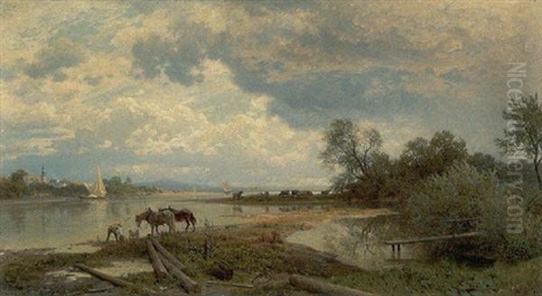 Elblandschaft, Links Das Dorf Hosterwitz Mit Der Kirche Maria Am Wasser Oil Painting by Carl Wilhelm Mueller