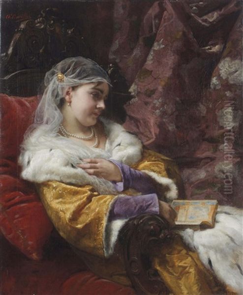 Elegant Lady Reading, Seated On A Red Sofa Oil Painting by Charles Louis Lucien Mueller