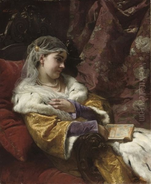 A Quiet Reading Moment Oil Painting by Charles Louis Lucien Mueller