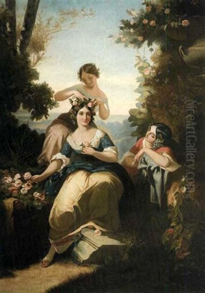 Jeunes Femmes Dans Un Parc Fleuri by Charles Louis Lucien Mueller