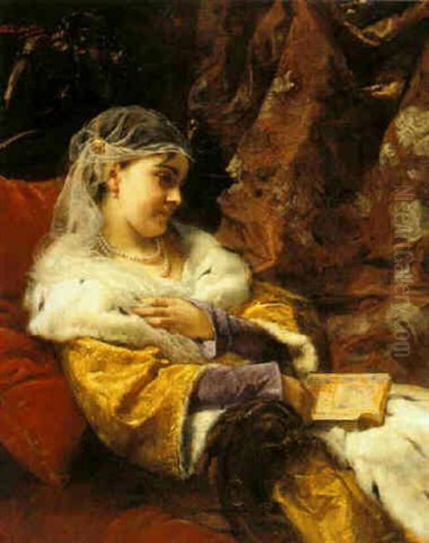 A Languissant Lady On A Sofa Oil Painting by Charles Louis Lucien Mueller