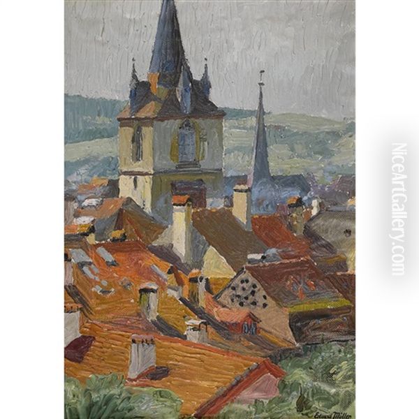 Blick Uber Die Dacher Und Die Stadtkirche Von Biel Oil Painting by Edouard Mueller