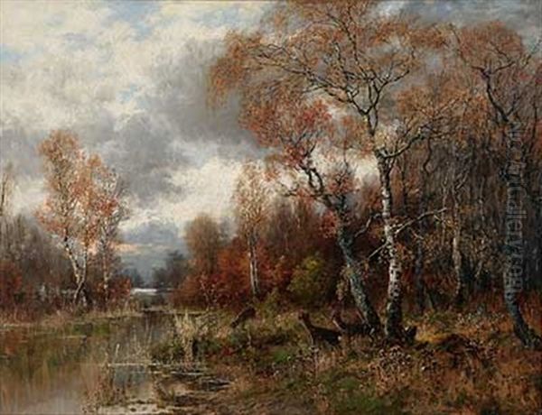 Rehwild Am Herbstlichen Waldteich Oil Painting by Eduard Josef Mueller