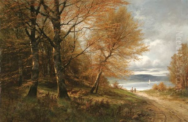 Landscape With Travelers On Path Near Lake And Deer Oil Painting by Eduard Josef Mueller