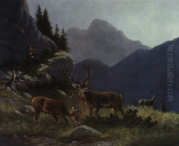 Hirsch Und Hirschkuh Im Hintergrund Ein Jager Oil Painting by Eduard Josef Mueller