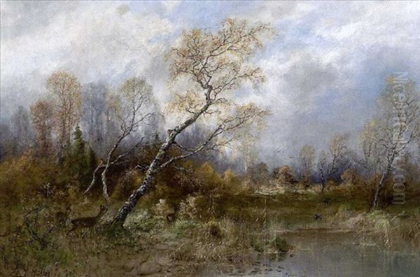 Herbstwald Mit Rehwild Am Ufer Oil Painting by Eduard Josef Mueller