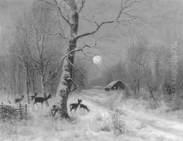 Rehe Im Nachtlichen Winterwald Oil Painting by Eduard Josef Mueller