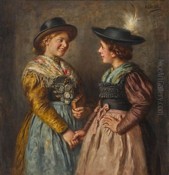 Zwei Dirndl Im Gesprach Oil Painting by Emma (Edle von Seehof) Mueller