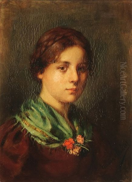 Portrait Of A Young Woman With A Green Shawl Oil Painting by Emma (Edle von Seehof) Mueller