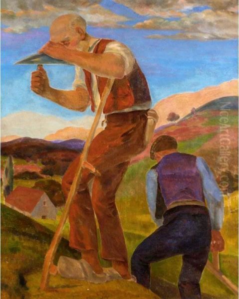 Labourers In The Fields Oil Painting by Frantisek Bilek