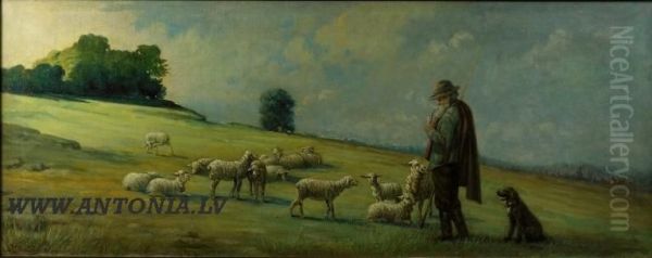 Shepherd And Sheep Oil Painting by Zigfrid A. Bilenstein