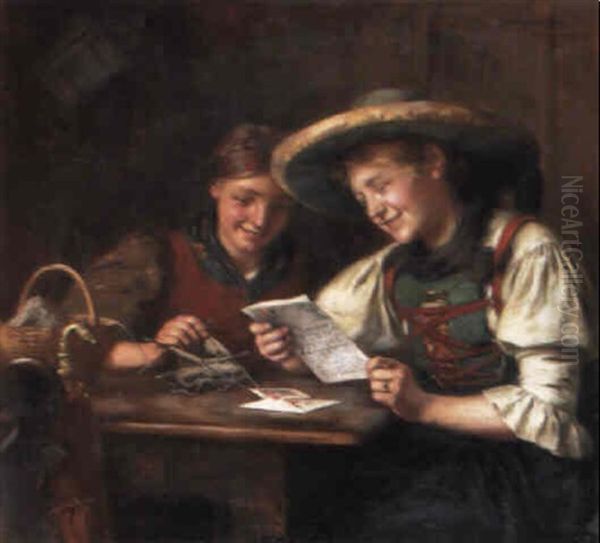 Liebste Rosa (zwei Bauernmadchen In Tracht Lesen Ein Liebesbrief) Oil Painting by Emma (Edle von Seehof) Mueller