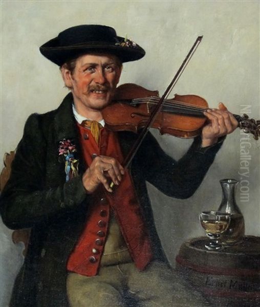 Lachender Musikant In Tracht Mit Bratsche Oil Painting by Ernst Immanuel Mueller