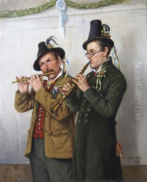 Zwei Musikanten In Tracht Oil Painting by Ernst Immanuel Mueller