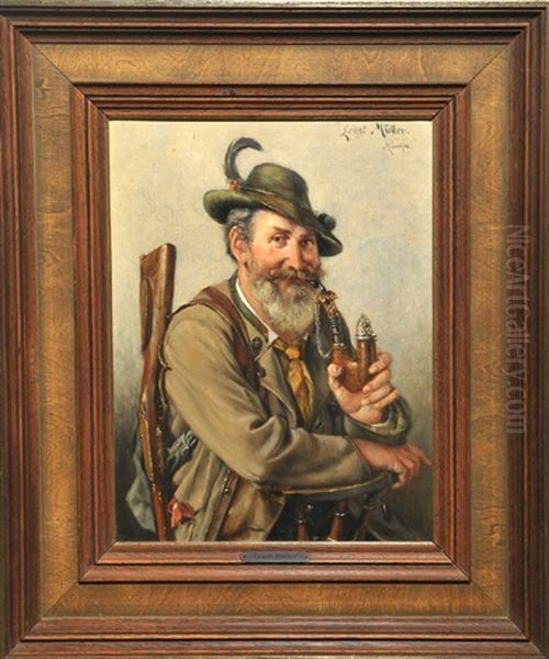 Pfeife Rauchender Jager Oil Painting by Ernst Immanuel Mueller