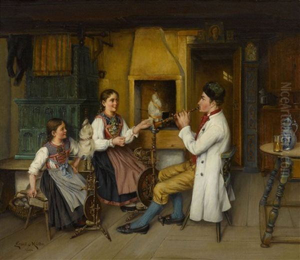 Der Flotenspieler Oil Painting by Ernst Immanuel Mueller