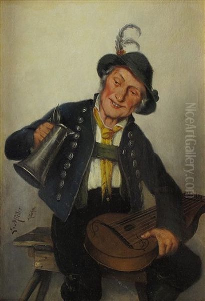 Zitherspieler Schaut In Den Krug Oil Painting by Ernst Immanuel Mueller