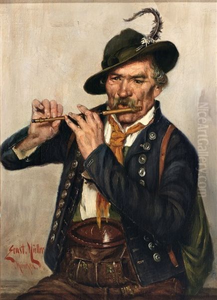 Piccolofloten-spieler In Tracht Oil Painting by Ernst Immanuel Mueller