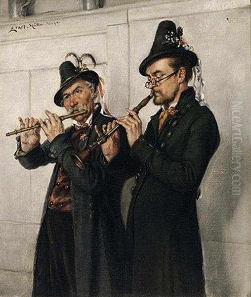 Zwei Musikanten Mit Querflote Und Oboe Oil Painting by Ernst Immanuel Mueller