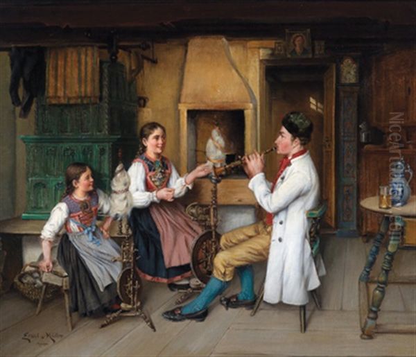 Der Flotenspieler, Munchen Oil Painting by Ernst Immanuel Mueller