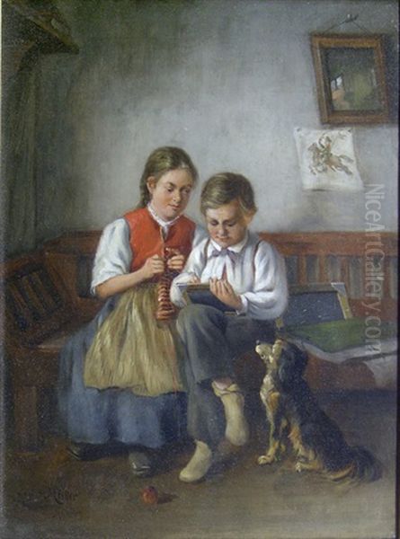 Girl And Boy With Dog Oil Painting by Ernst Immanuel Mueller