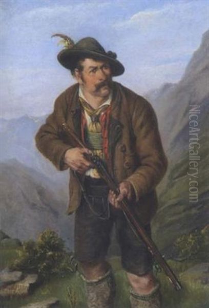 Jager Mit Flinte Im Gebirge Oil Painting by Ernst Immanuel Mueller