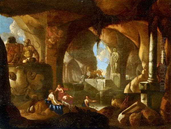 Nymphs Bathing In A Grotto Oil Painting by Franz Mueller