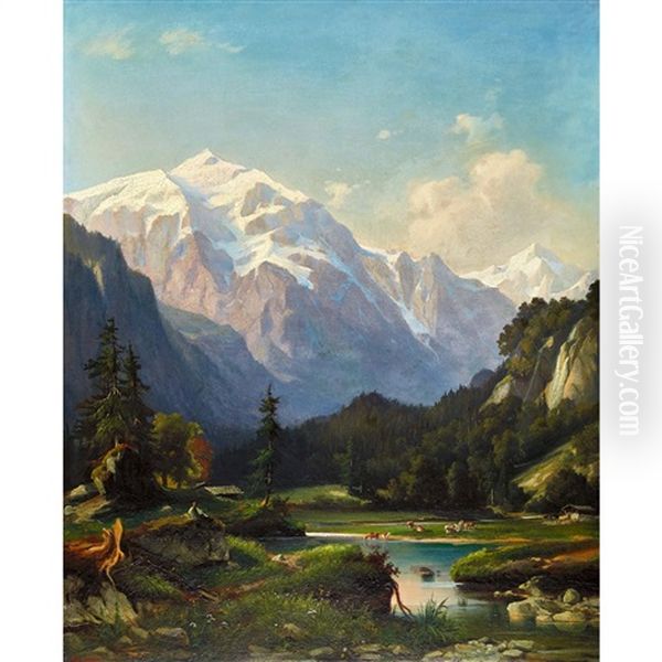 Idyllische Alpenlandschaft Mit Staffage Oil Painting by Franz Adolf Christian Mueller