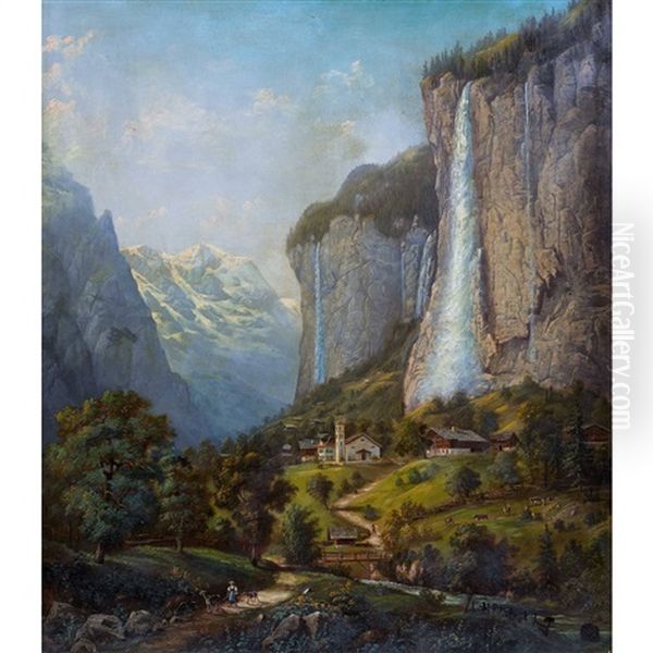 Lauterbrunnental Mit Staubbachfallen Oil Painting by Franz Adolf Christian Mueller