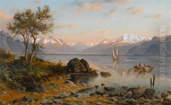 Abendlicher Genfersee Mit Dent Blanche Oil Painting by Franz Adolf Christian Mueller