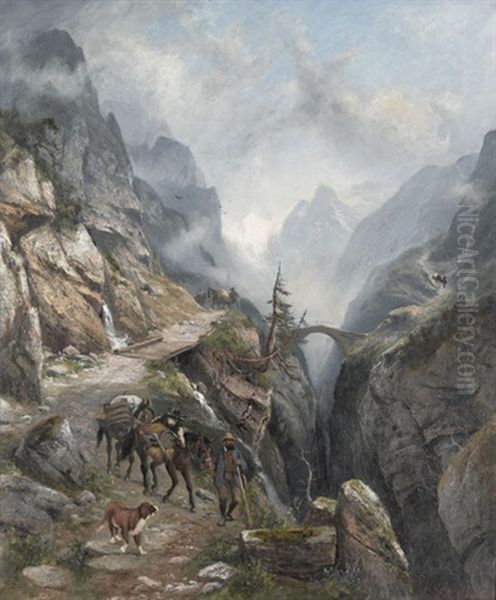 Saumer In Walliser Gebirgslandschaft Oil Painting by Franz Adolf Christian Mueller