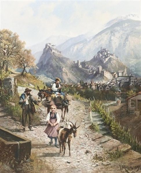 Walliser Familie Auf Dem Weg Nach Sion Oil Painting by Franz Adolf Christian Mueller