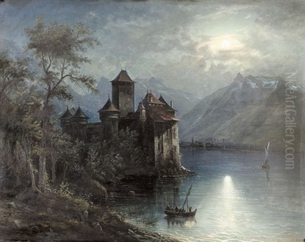 Chateau Chillon Bei Vollmond Oil Painting by Franz Adolf Christian Mueller