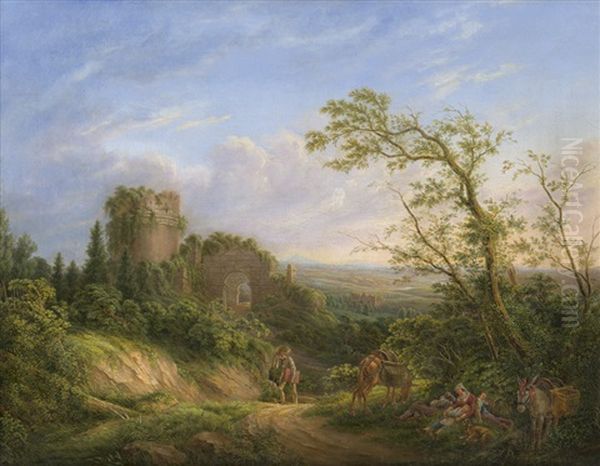 Sudliche Landschaft Mit Einem Wandernden Kunstler Vor Antiken Ruinen Oil Painting by Friedrich Burghard Mueller