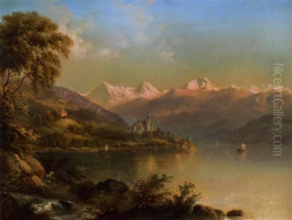 Schloss Hunegg Und Der Thunersee Oil Painting by Friedrich Wilhelm Mueller