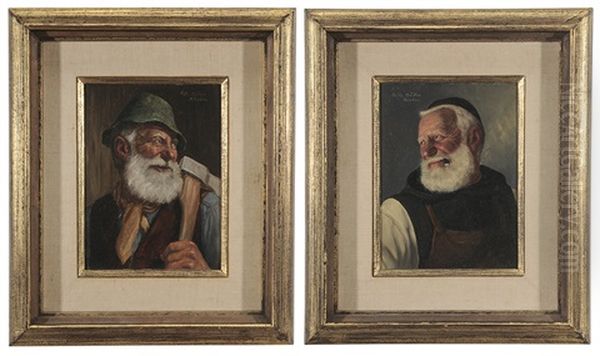 Two Genre Portraits Of Older German Men: Friar Smoking; Man With Axe (2 Works) Oil Painting by Fritz Muller