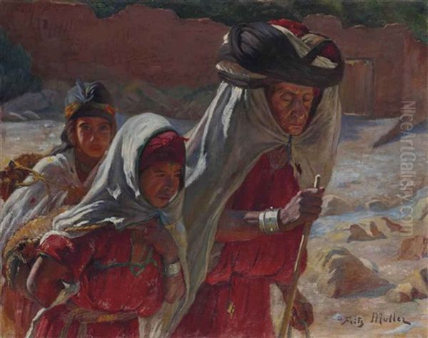 Trois Femmes Dans L'oued De Bou Saada Oil Painting by Fritz Muller