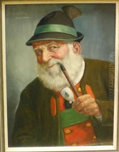 Bust-length Portrait Of Bearded Man With Pipe Oil Painting by Fritz Muller