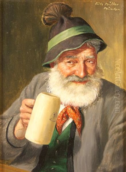 A Monk With A Tankard (+ Another; Pair) Oil Painting by Fritz Muller