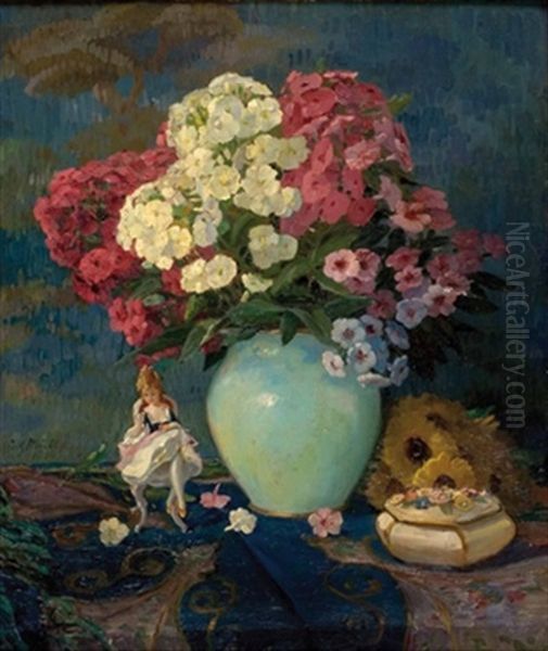 Stillleben Mit Blumen, Dose Und Porzellanfigur Oil Painting by Fritz Muller