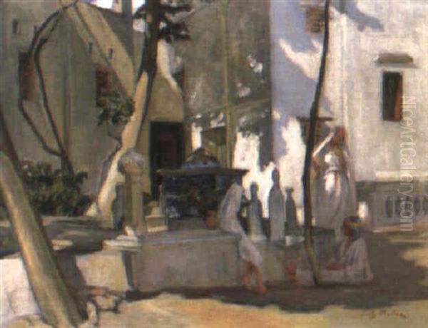 Femmes Dans La Cour De La Mosquee De Sidi Abd-er-rahman, Alger Oil Painting by Fritz Muller